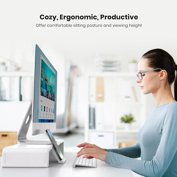 Klearlook White Foldable Monitor Stand With built - in drawer & phone Stand - Picture 2 of 8